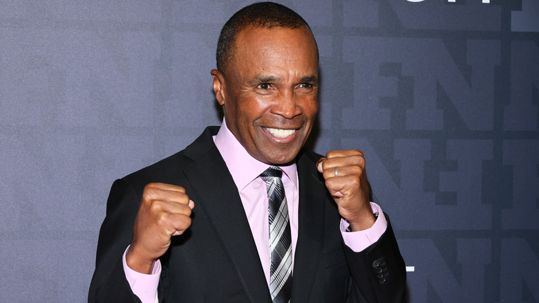 Sugar Ray Leonard posing, fists raised