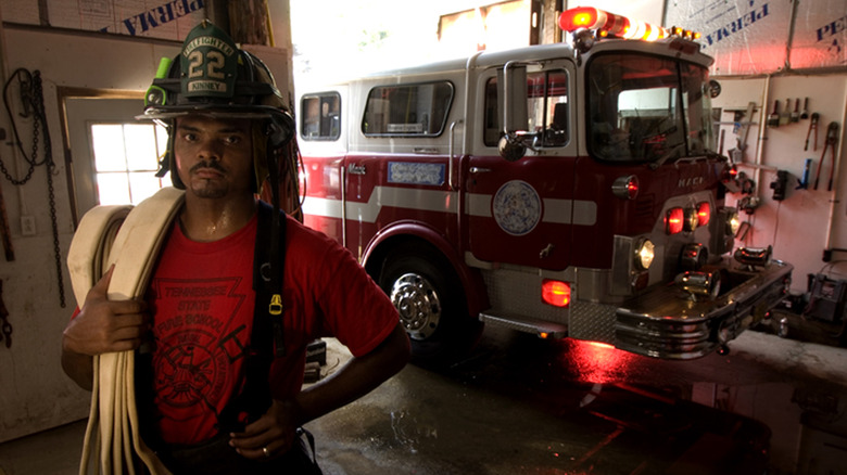 Erron Kinney with a fire truck