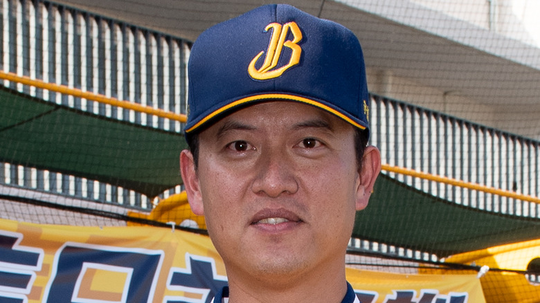 Chien-Ming Wang posing at a baseball game