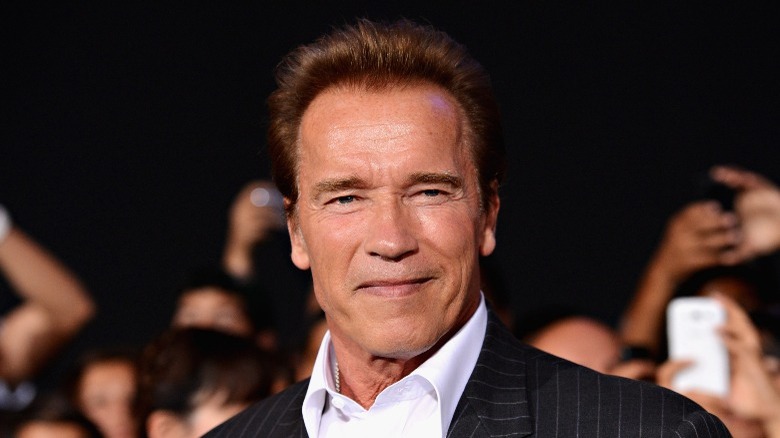 Arnold Schwarzenegger half smiling