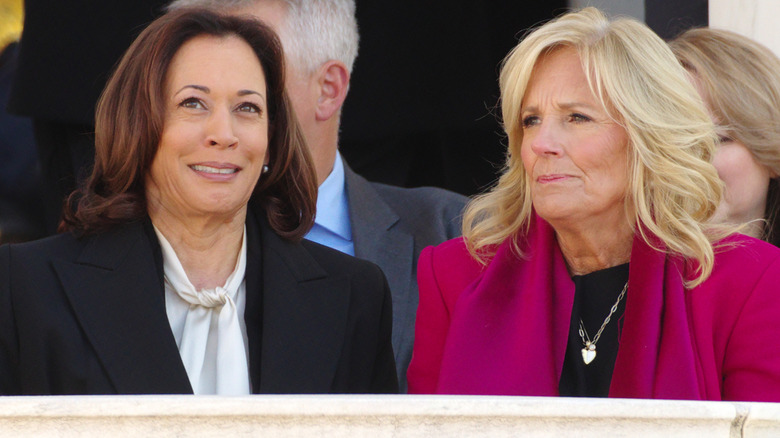 Kamala Harris sitting with Jill Biden