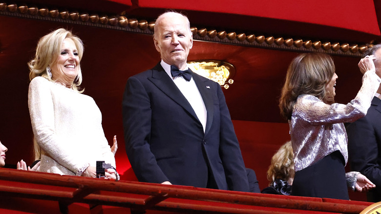 Jill Biden and Joe Biden standing next to Kamala Harris