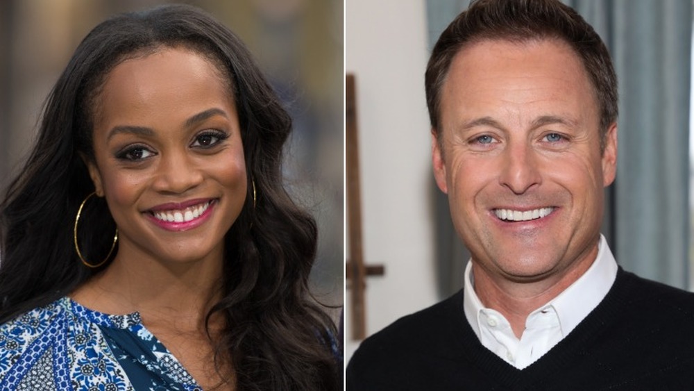 Rachel Lindsay poses and Chris Harrison smiles 