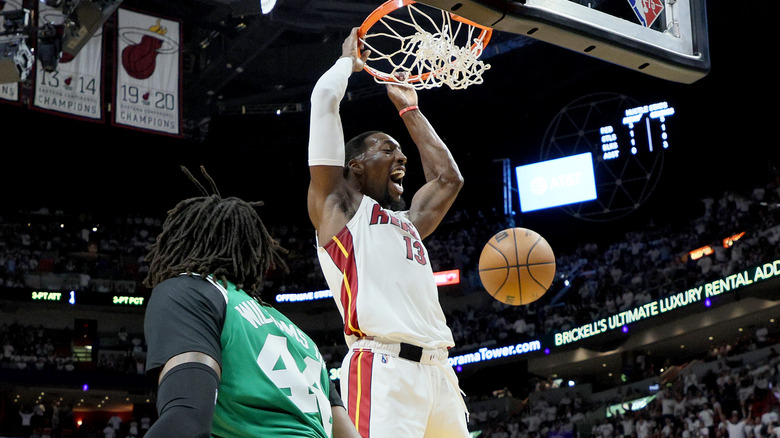 Bam Adebayo dunking basketball screaming