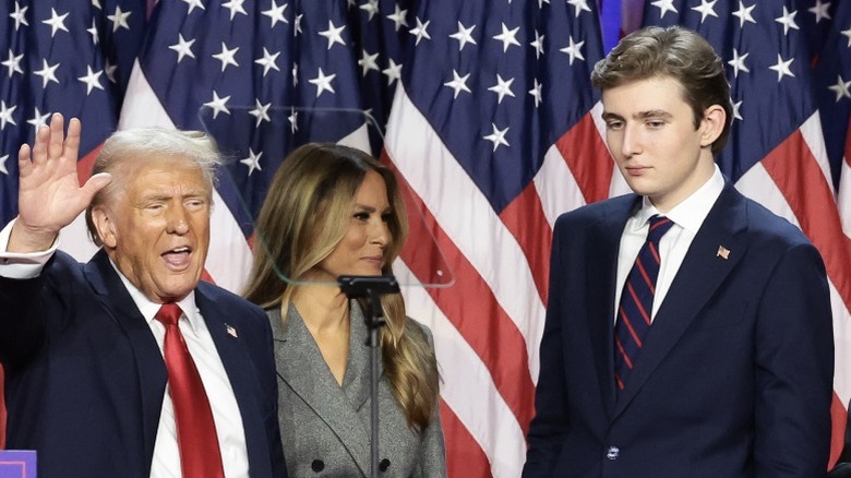 Donald Trump, Melania Trump, and Barron Trump on stage on election night (2024)