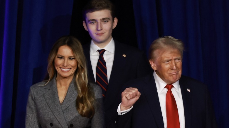 Melania Trump, Barron Trump, and Donald Trump on stage on election night 2024