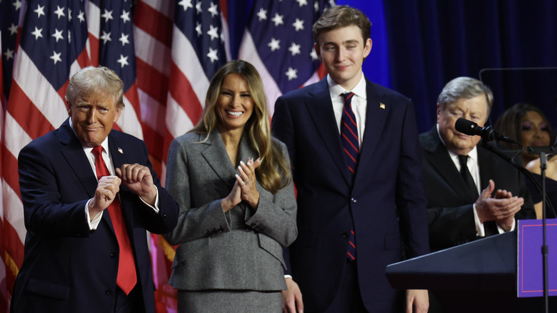 Donald Trump giving victory speech with wife Melania and son Barron