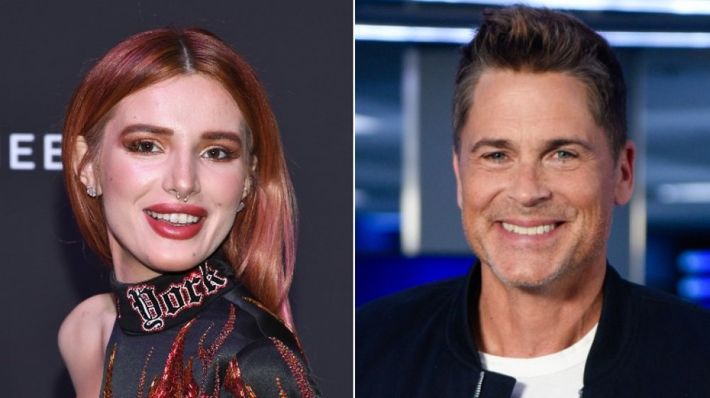 Bella Thorne with auburn hair and matching makeup, Rob Lowe smiling in black bomber jacket (split image)