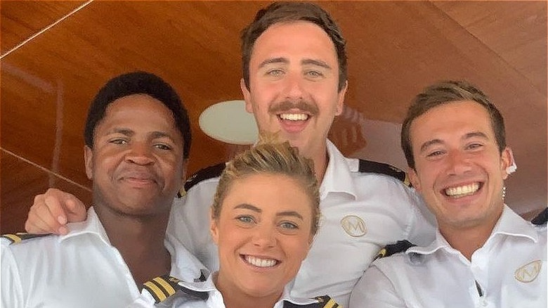 Below Deck Mediterranean crew members Mzi Dempers Malia White Lloyd Spencer David Pascoe  miling