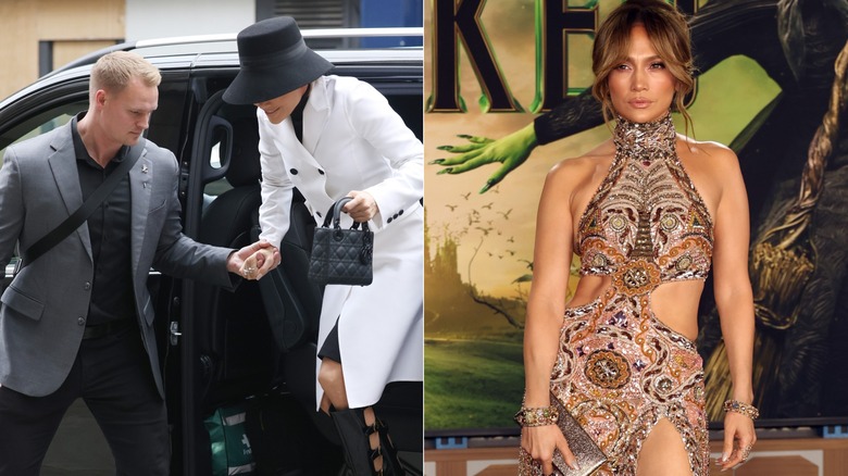 Jennifer Lopez helped out of car by her bodyguard