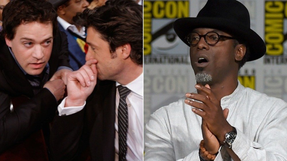 Split image of T.R. Knight and Patrick Dempsey speaking, and Isaiah Washington looking shocked