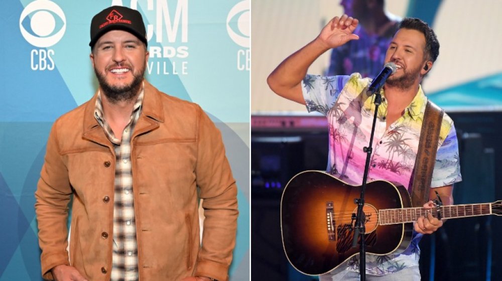 Luke Bryan in a suede jacket, Luke Bryan in a Hawaiian shirt