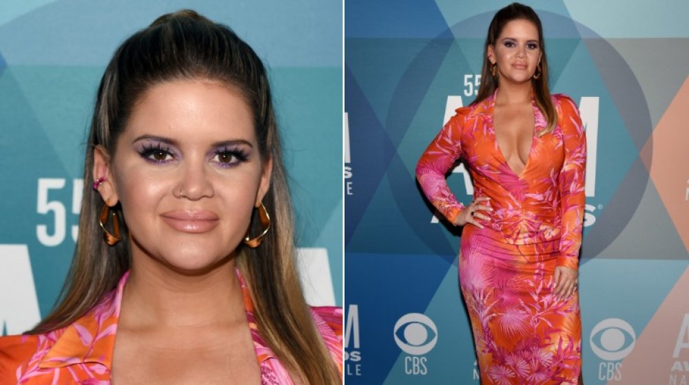 Maren Morris in a neon, palm tree-printed dress