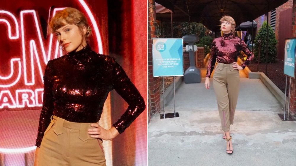 Taylor Swift in red sequinned top and khaki-colored pants