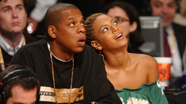 Jay-Z and Beyoncé watching All-Star game