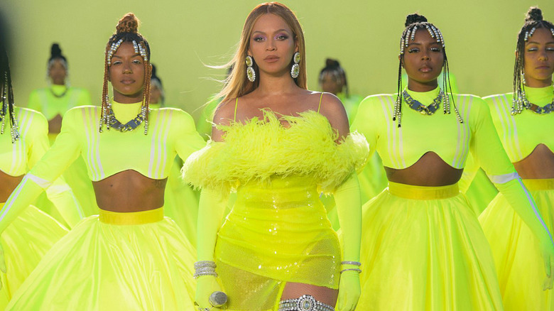 Beyoncé performing in neon green