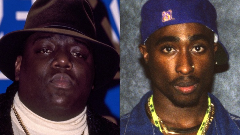 Biggie Smalls and Tupac Shakur split image