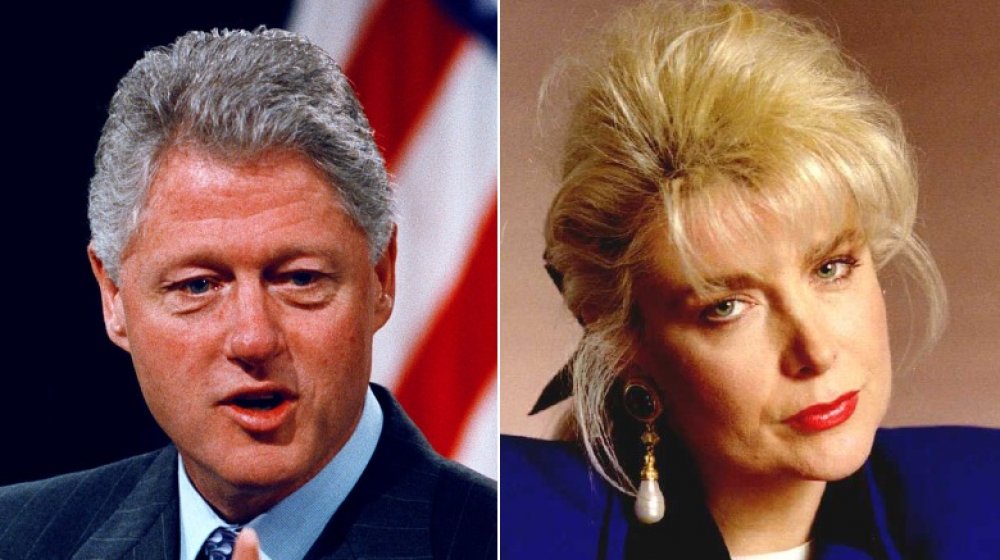 Bill Clinton at a ceremony in 1999; Gennifer Flowers in 1992