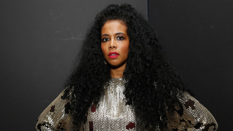 Kelis silver dress long hair