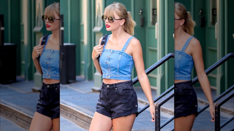 Taylor Swift wearing denim outfit outdoors