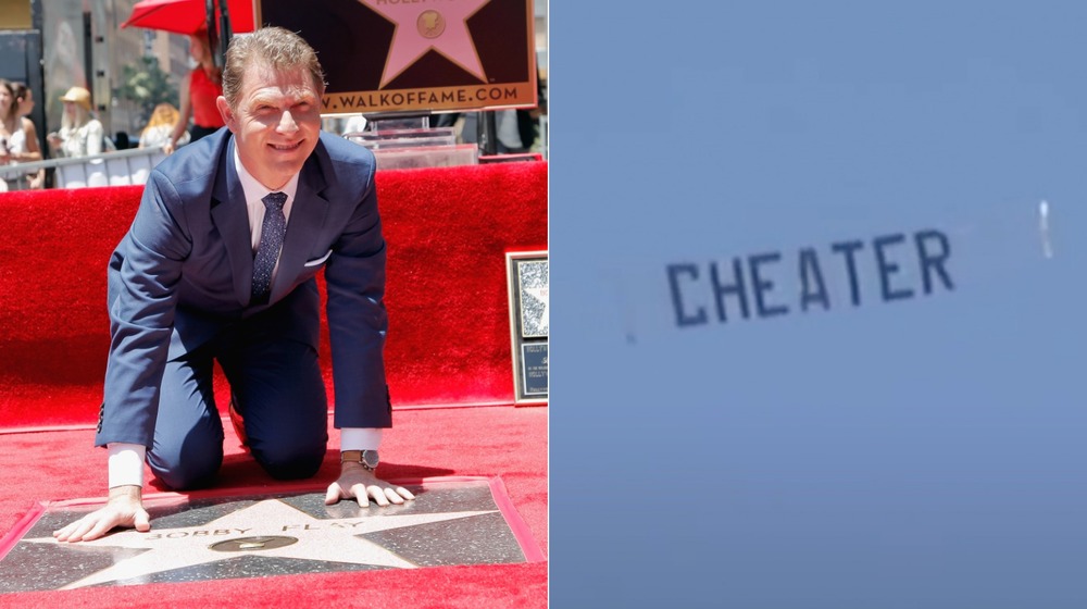 Bobby Flay kneeling at his Hollywood Walk of Fame ceremony; cheater banner flying overhead