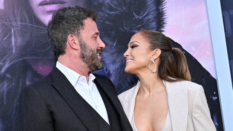 Ben Affleck and Jennifer Lopez smiling at "The Mother" premiere