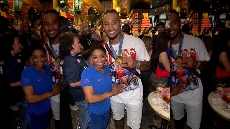 Jonathan Owens with Simone Biles and her gold medal