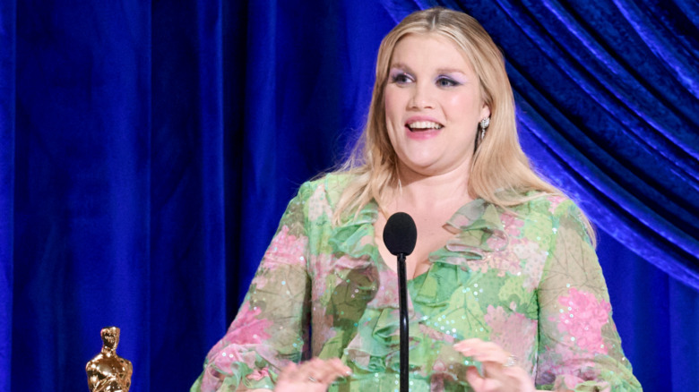 Emerald Fennell accepting her first Academy Award