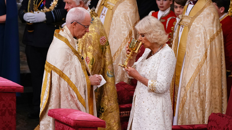 Queen Camilla sipping from cup