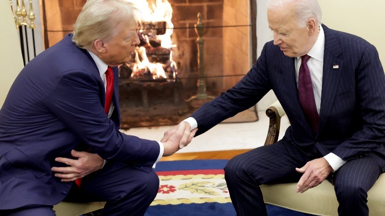 Donald Trump and Joe Biden awkwardly shake hands in the Oval Office (2024)