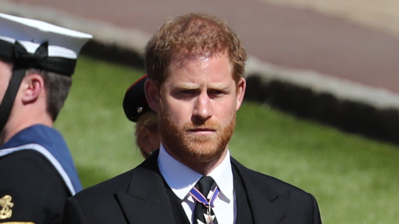 Prince Harry attends the funeral of grandfather Prince Philip April 17, 2021