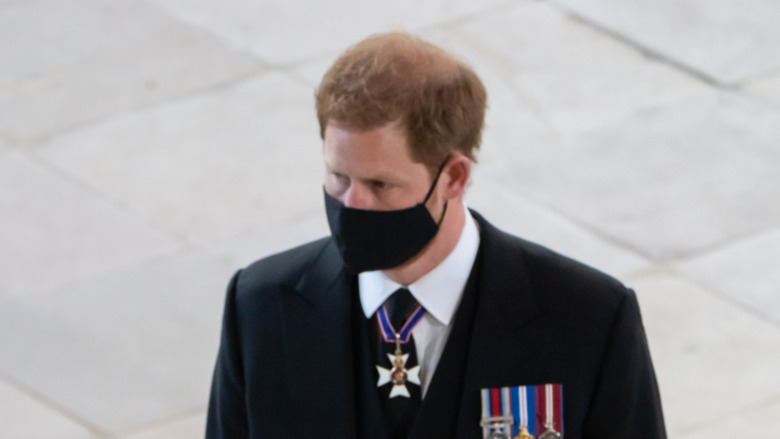 Prince Harry at the funeral of grandfather Prince Philip April 17, 2021