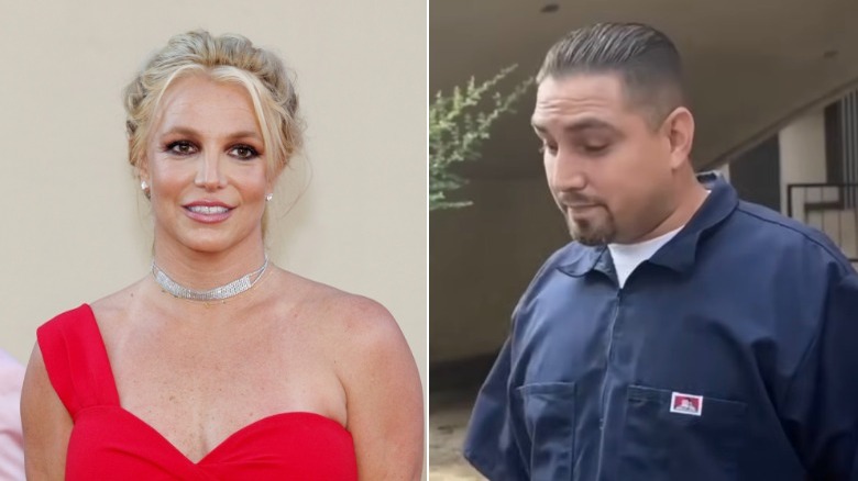 Britney Spears on a red carpet;Paul Richard Soliz talks to paparazzi