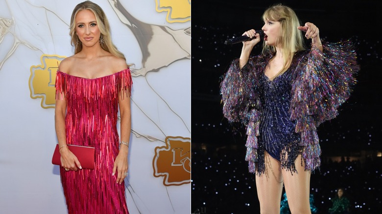 Brittany Mahomes, Taylor Swift wearing fringe outfits