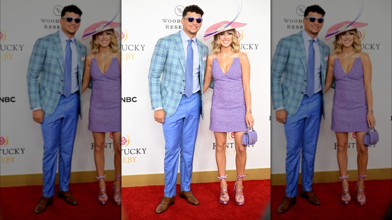 Patrick, Brittany Mahomes wearing pastel outfits
