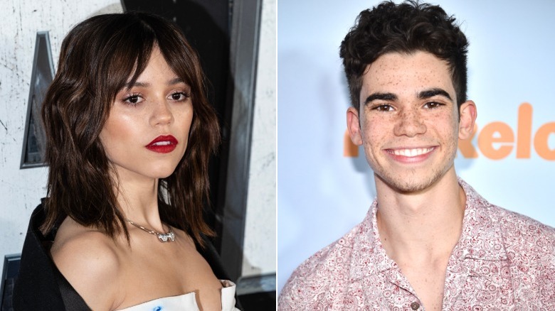 Jenna Ortega posing on red carpet and Cameron Boyce smiling on red carpets