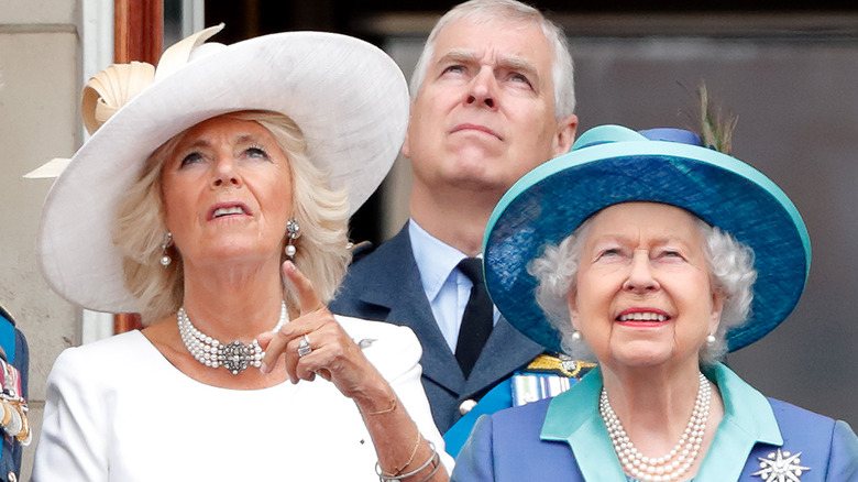 Camilla Parker Bowles, Queen Elizabeth, and Prince Andrew posing