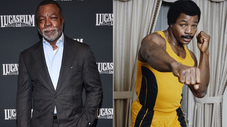 Split image of Carl Weathers standing at red carpet event and working out