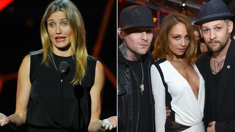 Cameron Diaz speaking, Benji Madden, Nicole Richie, and Joel Madden posing