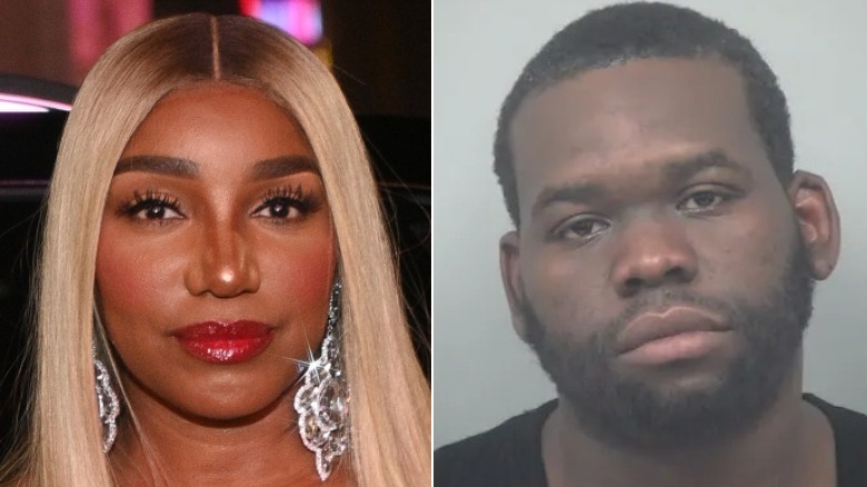 Split image of Nene Leakes on a red carpet and Bryson Bryant mugshot