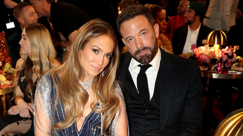 Jennifer Lopez and Ben Affleck posing at the 2023 Grammys