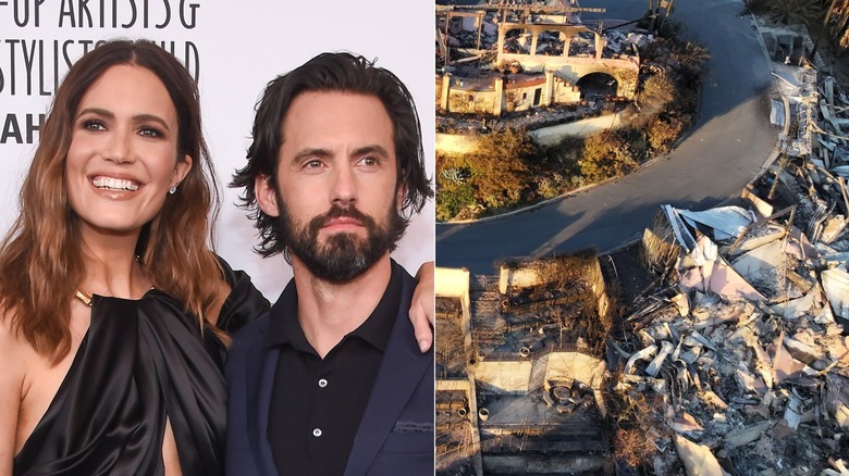 Split image of Mandy Moore hugging Milo Ventimiglia and devastation caused by the Los Angeles wildfires (2025)