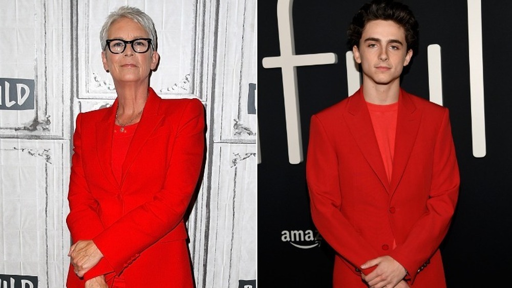 Jamie Lee Curtis (left) and Timothee Chalamet (right) wearing almost identical red suits 