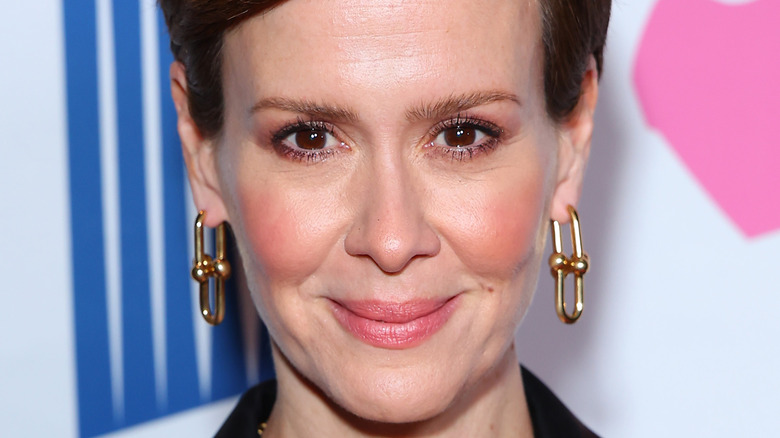 Sarah Paulson gold earrings, smiling