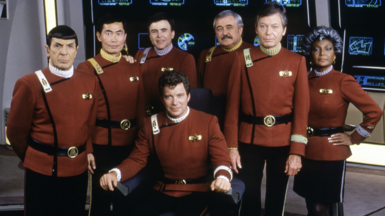 Leonard Nimoy, George Takei, Walter Koenig, DeForest Kelley, Nichelle Nichols, and William Shatner on the set of "Star Trek V: The Final Frontier"