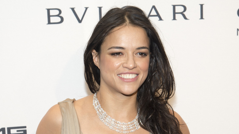 Michelle Rodriguez sports silver layered necklace