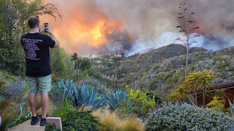 Spencer Pratt wearing a t-shirt and taking a photo of a wildfire on his cell phone