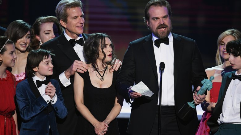 Winona Ryder with the cast of Stranger Things