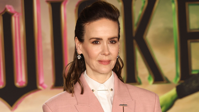 Sarah Paulson posing in a pink outfit at the Wicked movie premiere in 2024