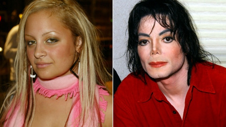 Nicole Richie wearing pink scarf, Michael Jackson in red shirt